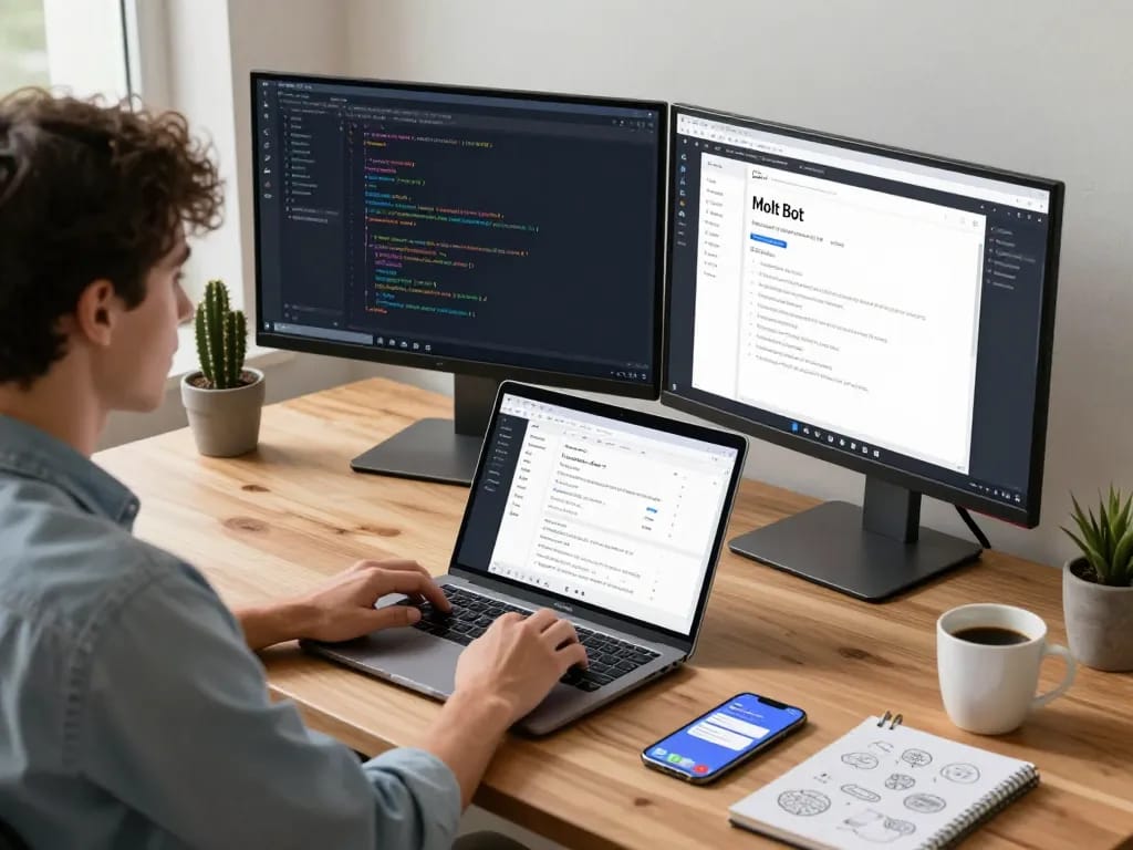 Molt Bot enhancing productivity in a modern home office with a developer managing tasks on multiple screens.