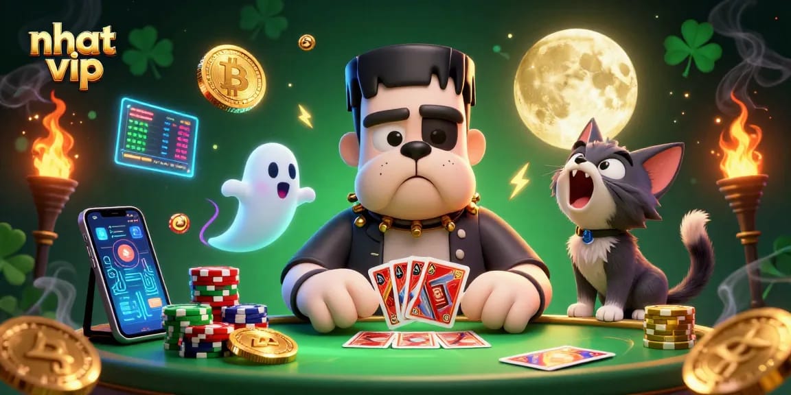 Nhat vip casino scene with a Frankenstein bulldog monster dealing cards at a ghostly table