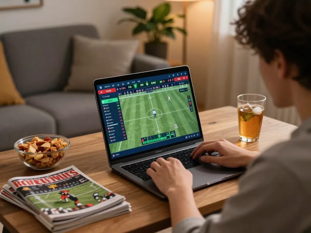 LV88 player engaging in live sports betting on laptop, showcasing betting odds interface and cozy atmosphere.