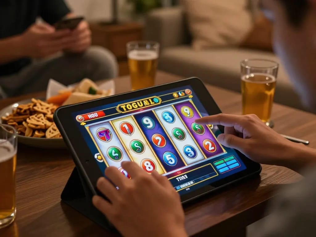 Players enjoying an immersive GTA Togel online slot game on a tablet, showcasing vibrant spinning reels.