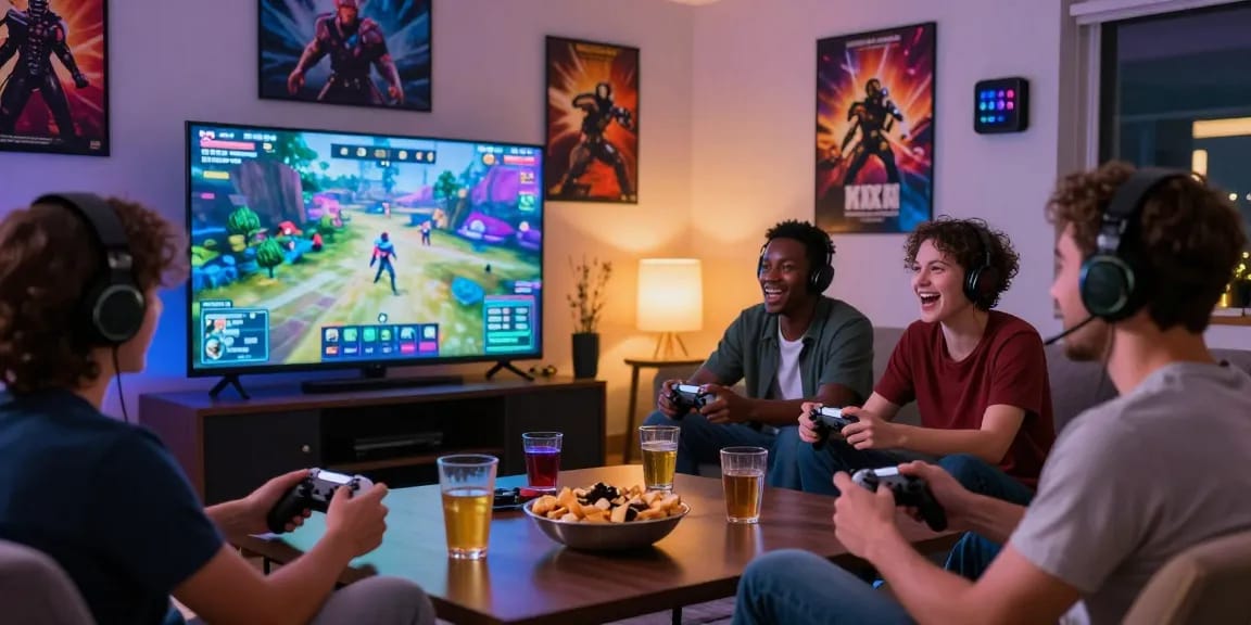Group enjoying xxx games in a cozy gaming room with snacks and controllers.