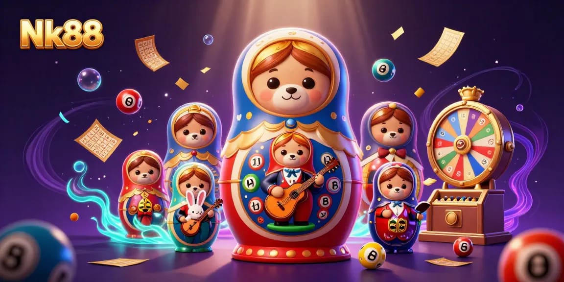 Nk88 brings thrilling excitement with a colorful casino-themed illustration featuring unique characters.
