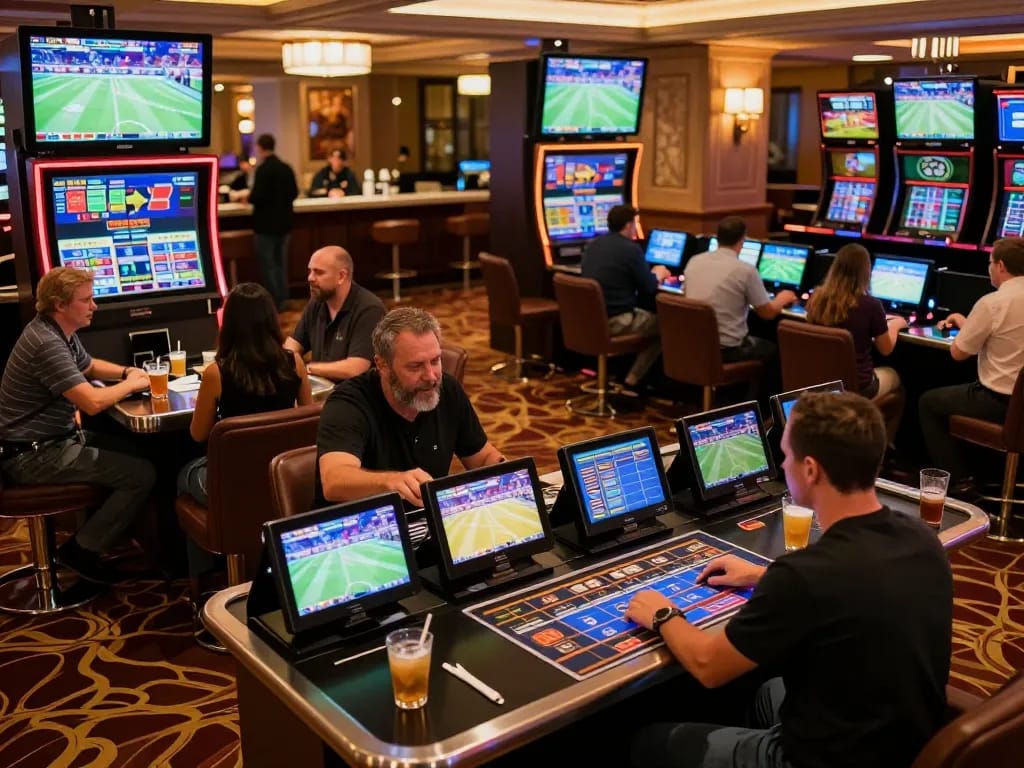 Excited patrons engaging with screens at the 789 Club sports betting lounge, dynamic atmosphere.