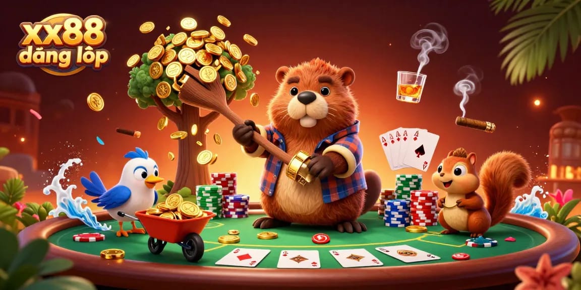 Engage in exciting games at xx88 đăng nhập where a cartoon beaver and friends enjoy poker action.