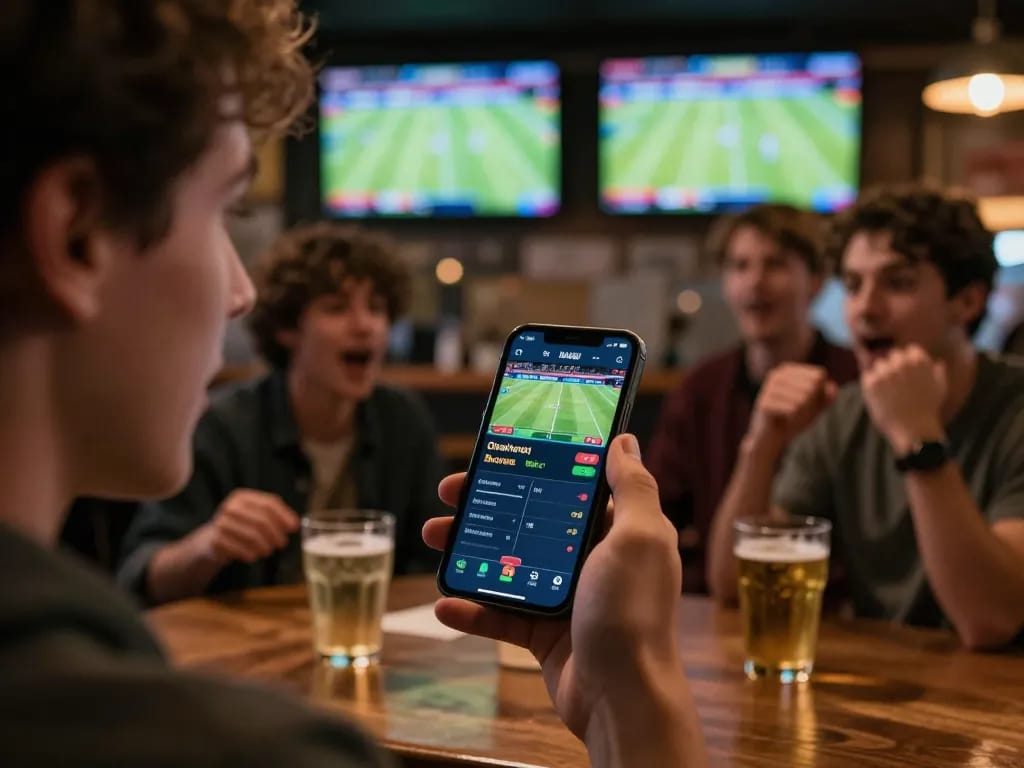 Engaging sports betting where a user analyzes odds on a smartphone, capturing the essence of nhận định kèo nhà cái in action.