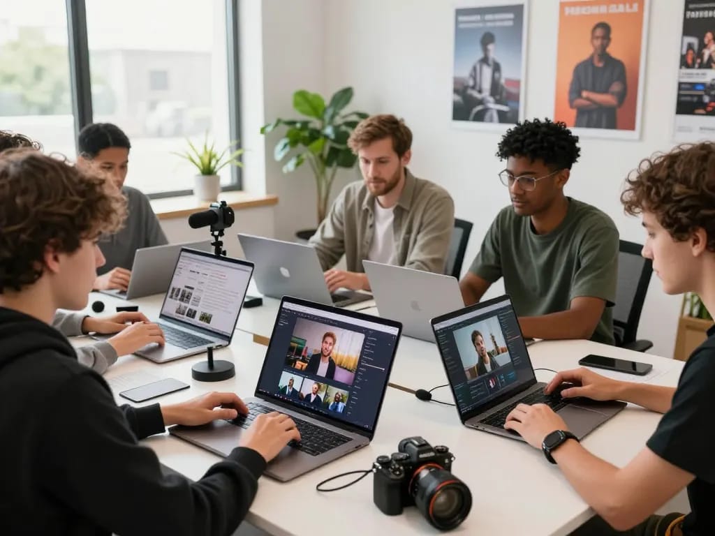 Content creators in a modern studio utilizing Seedance AI for video production showcasing dynamic collaboration.