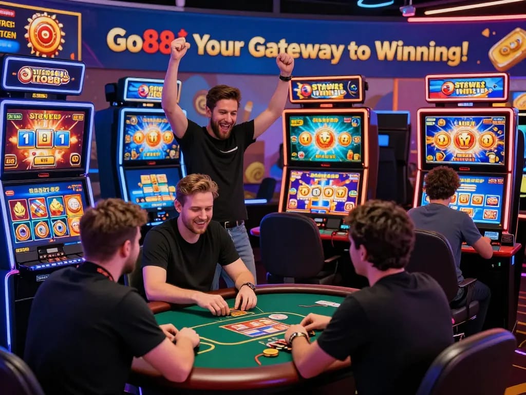 Gamers enjoy thrilling sessions on Go88 platform, celebrating wins and strategizing in vibrant online casino.