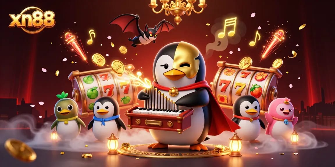 Spin slot reels and win with xn88 featuring a masked penguin at the casino in a vibrant scene.