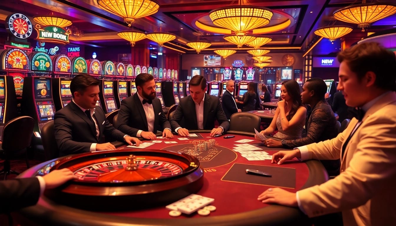 A vibrant casino atmosphere highlighting the excitement of players engaging at a high-stakes poker table, newphim showcases strategic betting.