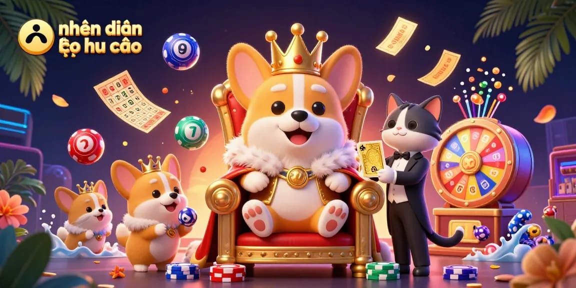 Engage with nhận định kèo nhà cái through a vibrant 3D illustration of a royal corgi at a casino throne surrounded by dynamic game elements.