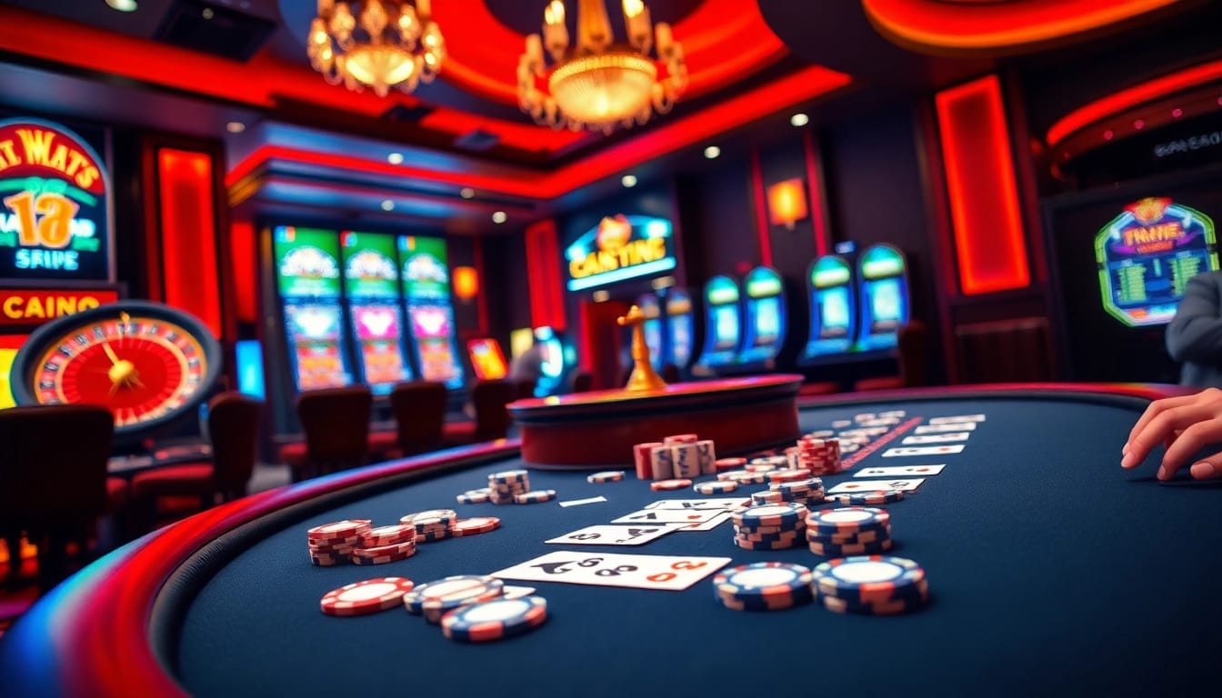 KP88 gaming scene with poker table, chips, and spinning roulette wheel in a vibrant casino atmosphere.