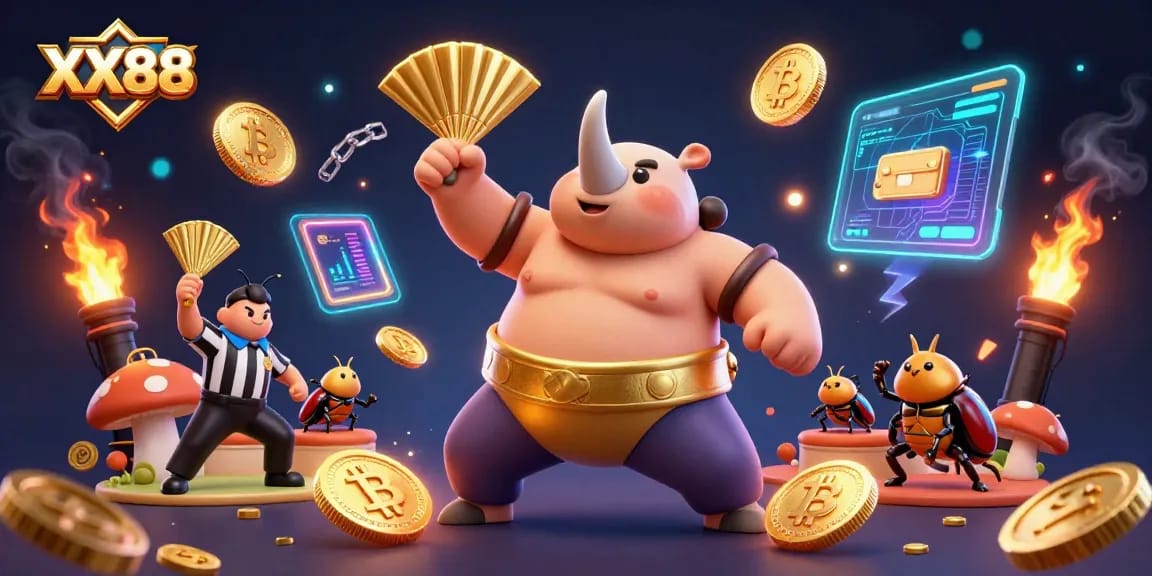 Experience exciting gameplay at XX88 with vivid 3D casino characters showcasing crypto-themed action.