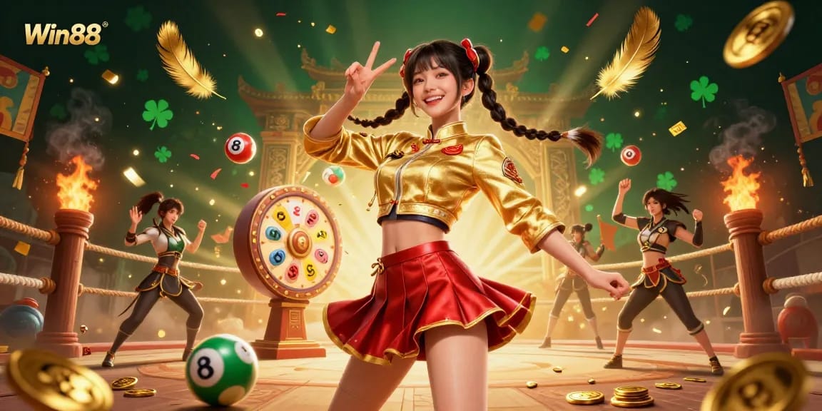 Win88 celebrates with vibrant scenes of fun, luck, and excitement in a dynamic casino illustration.