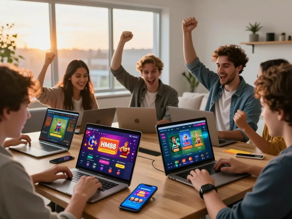 Online bettors engaging with HM88 platform, celebrating wins in a vibrant home setting.