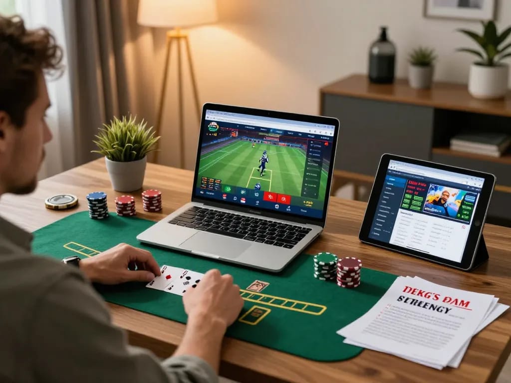 Engaging player enjoying kkwin blackjack online at home office with laptop and tablet.