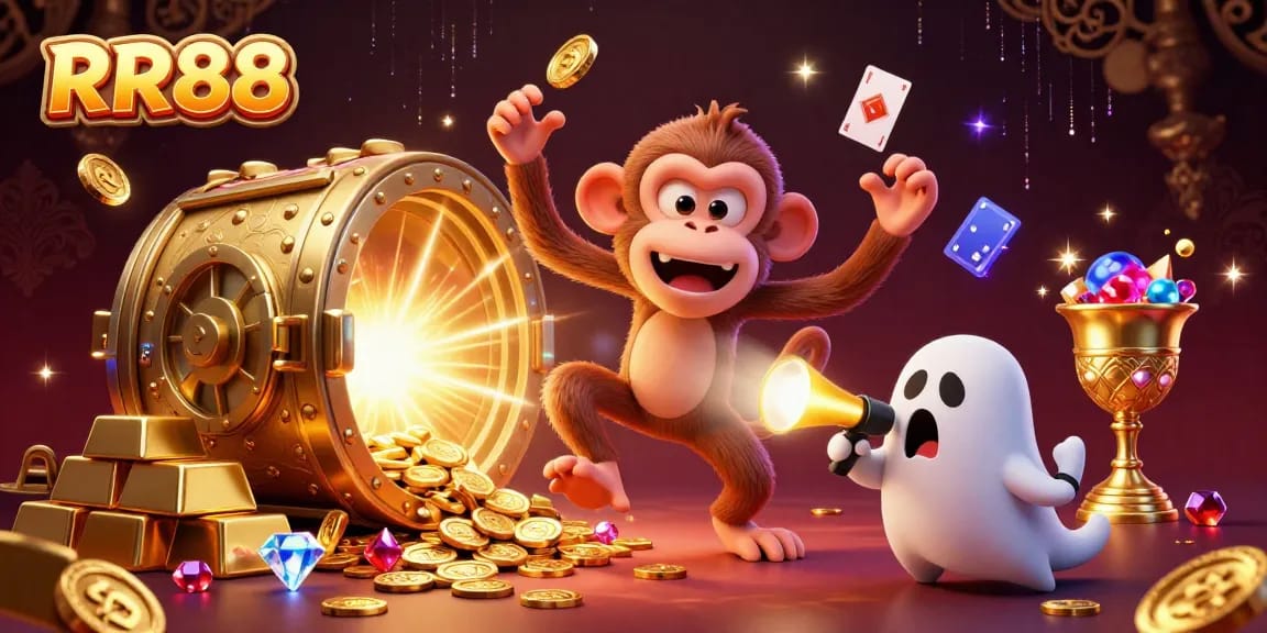 RR88 casino features captivating scenes with a playful monkey and puppy tracking loot in a vibrant gambling atmosphere.