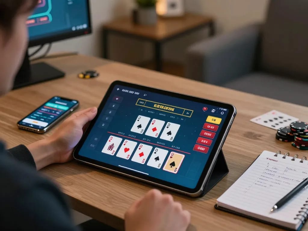 Dewacasino player engaging in live dealer blackjack online with tablet and betting notes