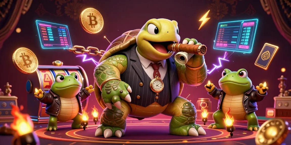 Spin the reels at UU88 with a massive turtle in a suit, flanked by bullfrogs, amid lively casino action.
