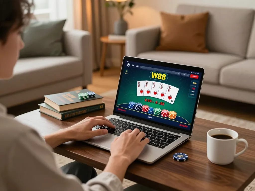 Person playing W88 poker online from home, displaying chips and cards on laptop screen.