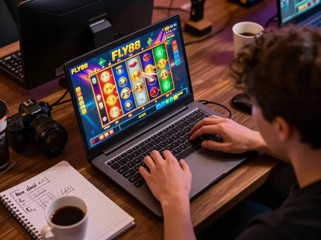 Engaging online gaming experience at FLY88 with vibrant slot machines spinning