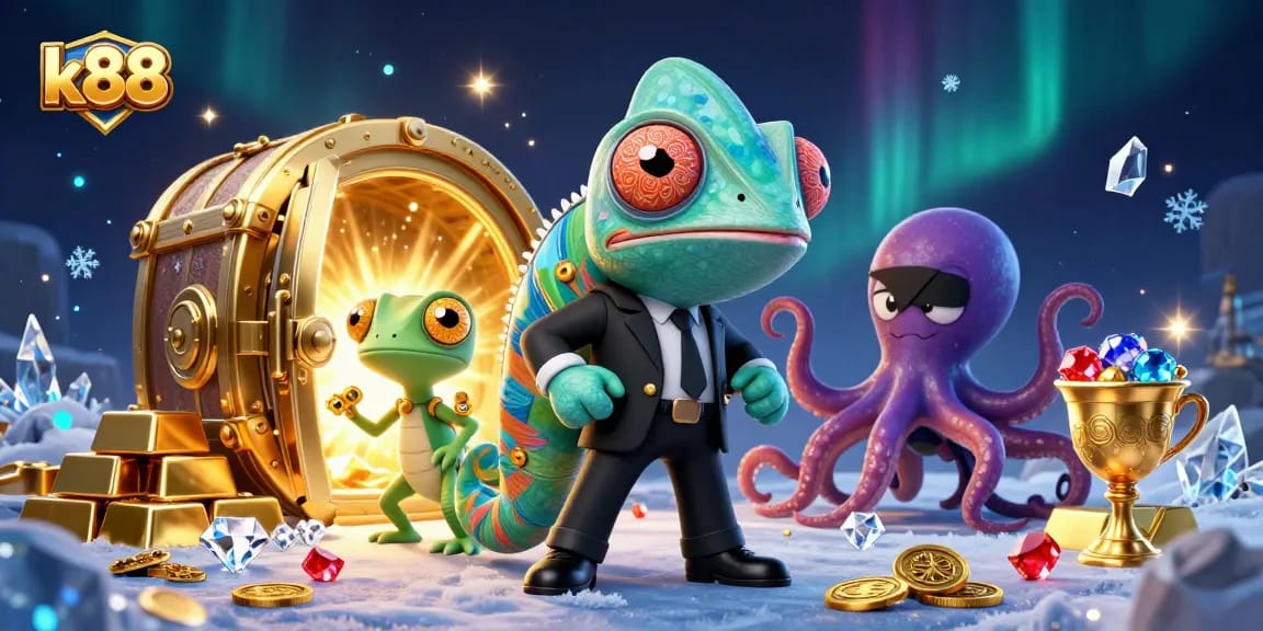 Experience thrilling k88 gaming action with vibrant characters amidst dazzling treasures.