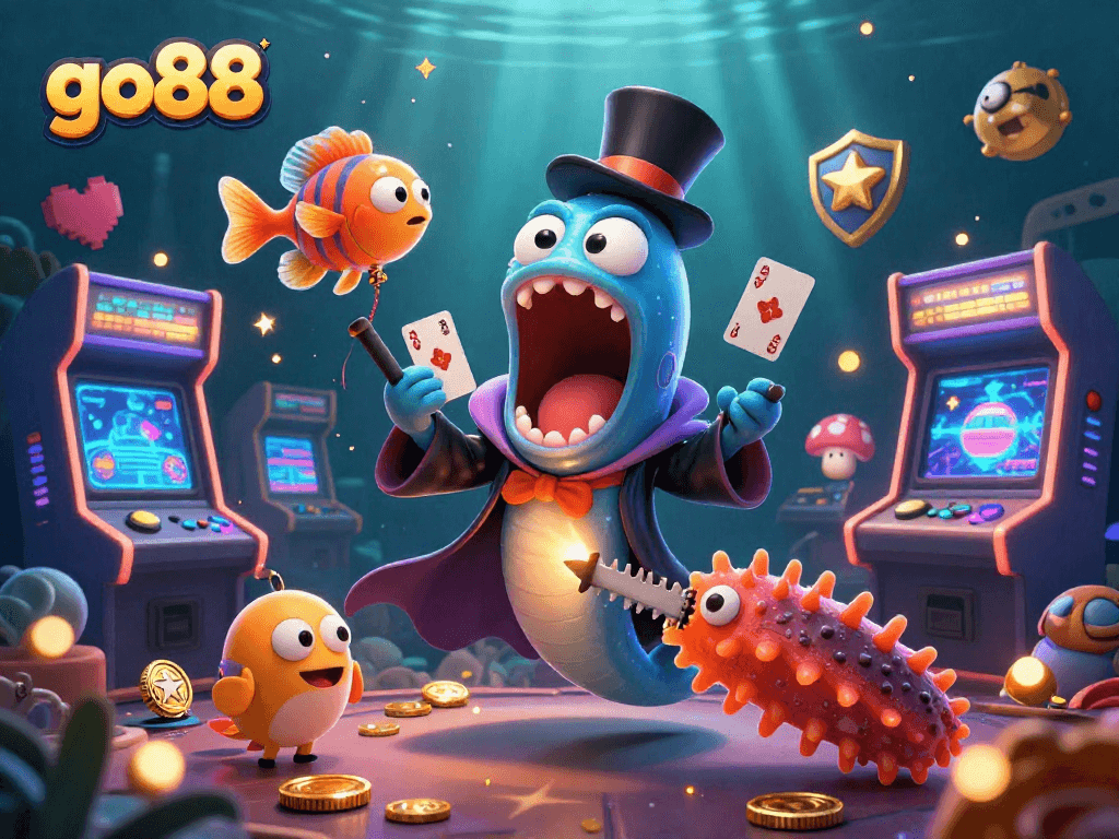 Engage with go88 as a bioluminescent eel performs magic tricks in a vibrant casino-themed scene.