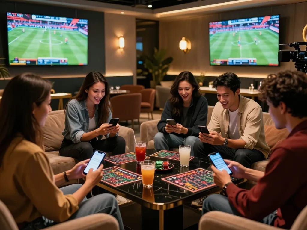 Kèo nhà cái hôm nay displayed on smartphone while friends engage in sports betting at modern lounge
