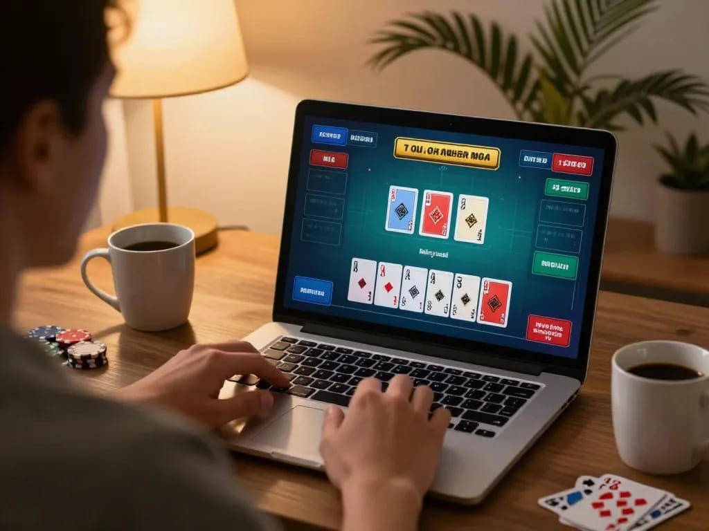 Engaging gameplay at qq88pro online casino, player focused on blackjack cards in warm home setting
