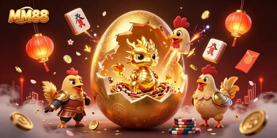 Win big with MM88 as a golden baby dragon guards poker chips and festive casino elements.