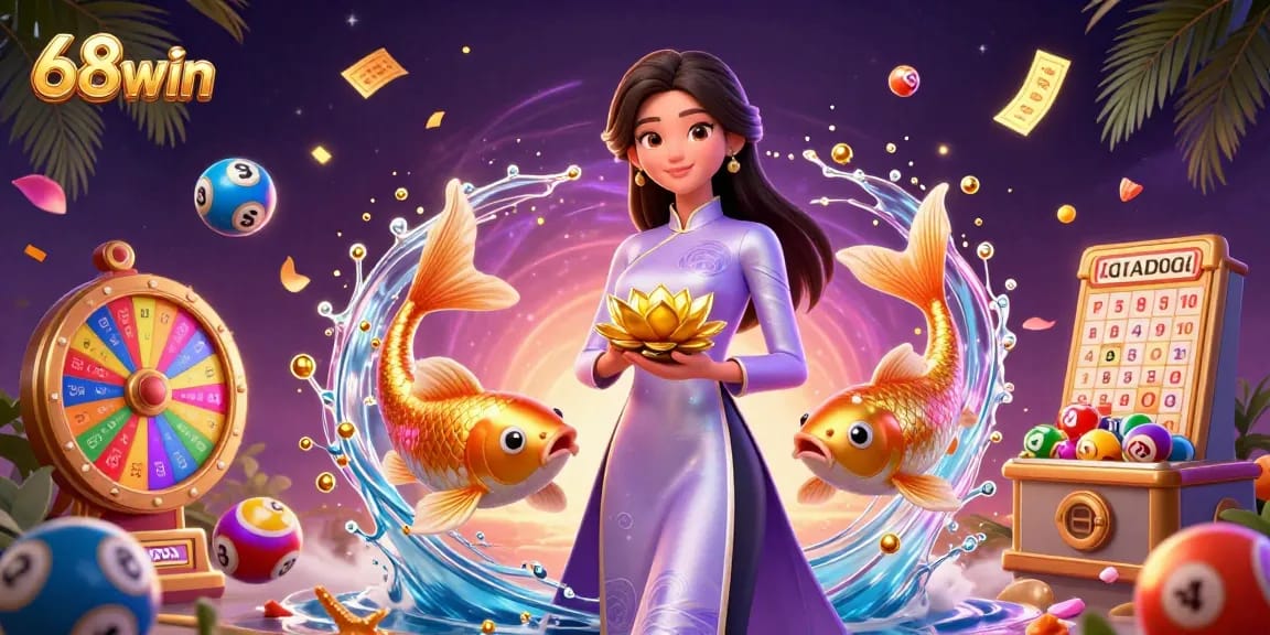 Experience the excitement of 68win with vibrant lottery balls and a stunning Asian woman in a captivating 3D casino scene.