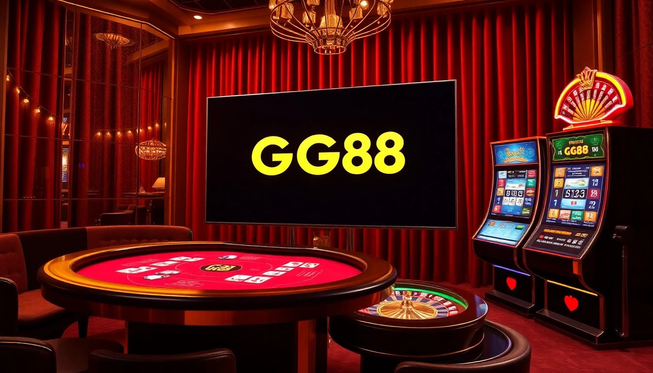 Engaging scene showcasing online gambling elements with the link gg88 logo, poker chips, and roulette wheel.