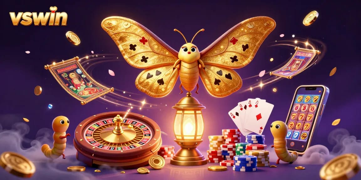 Join the excitement at VSWIN with vibrant casino scenes featuring a majestic moth and golden treasures.