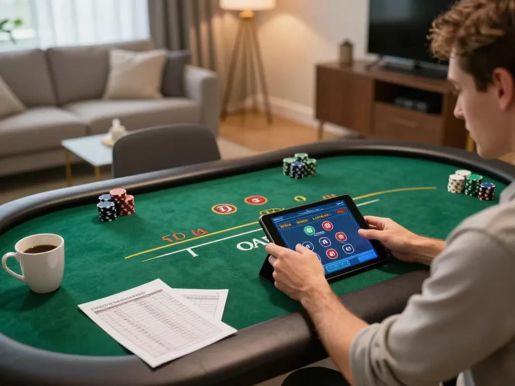 Engaging in poker strategy on king88 vina tablet in inviting home setting with coffee and notes.
