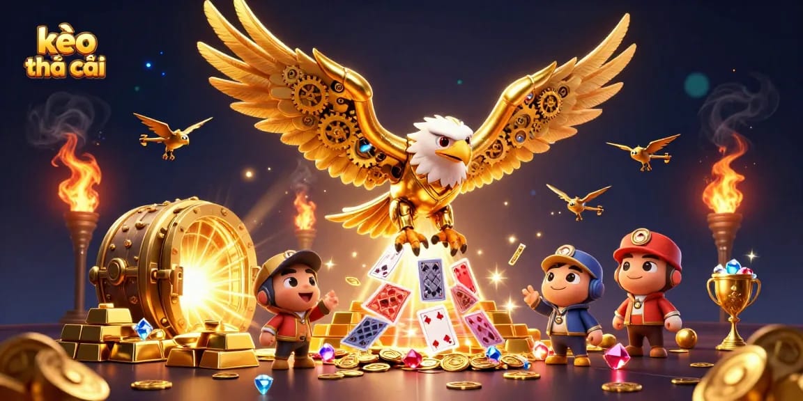 Experience the thrill of kèo nhà cái with a cybernetic eagle soaring through a treasure-filled casino world.