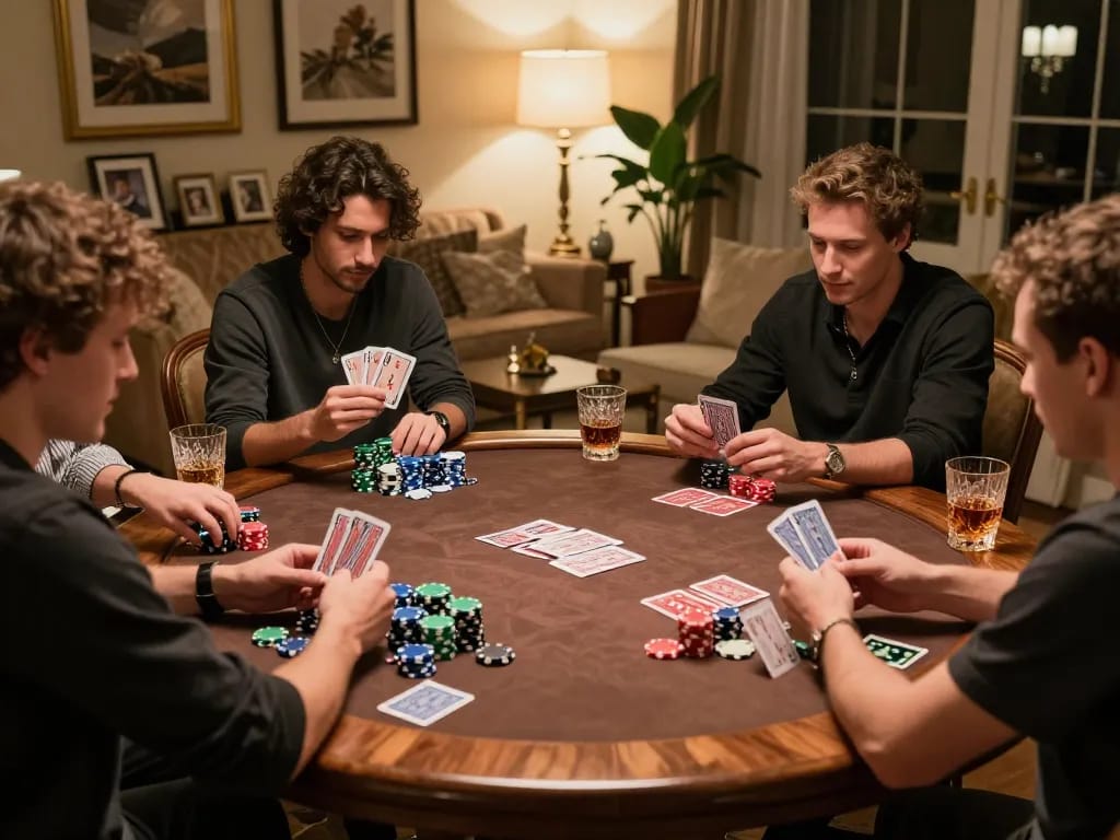 Engaging poker game night with friends showcasing strategic gameplay on F8BET cards and colorful chips.