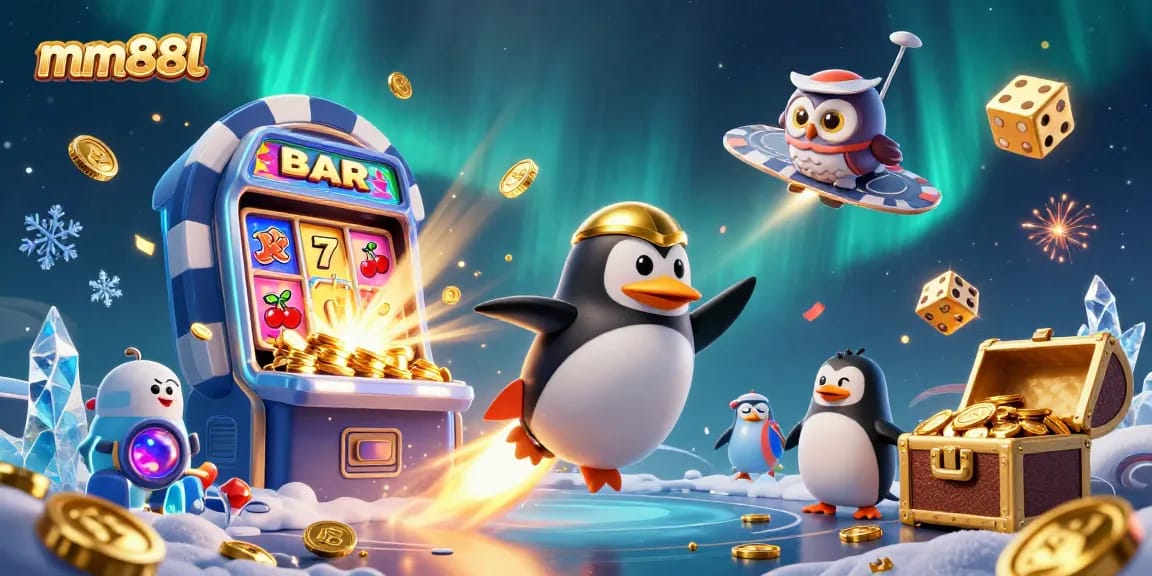 Engage with the thrilling mm88l casino experience, featuring a vibrant 3D penguin and slot machine action.