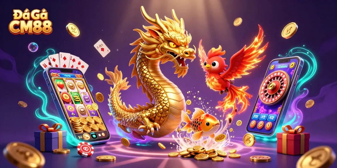 Compete in the Đá Gà CM88 arena with a fiery dragon and phoenix amid golden coins and vibrant slot games.