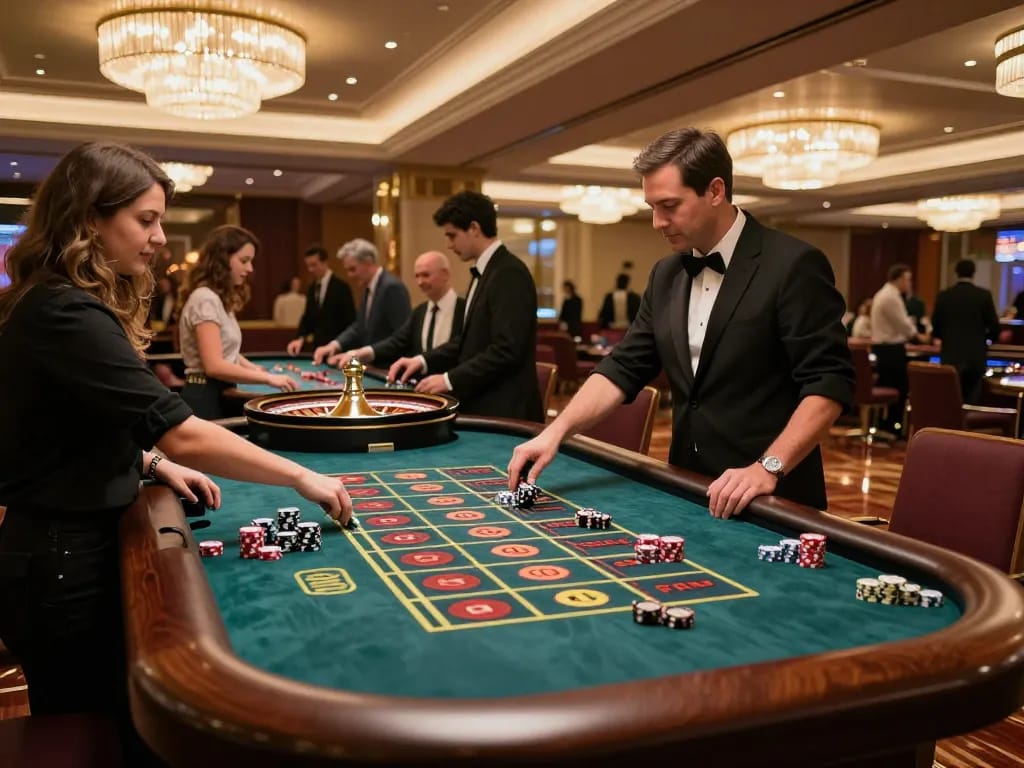 Players enthusiastically placing bets at the roulette table, experiencing the thrills of okfun gaming.