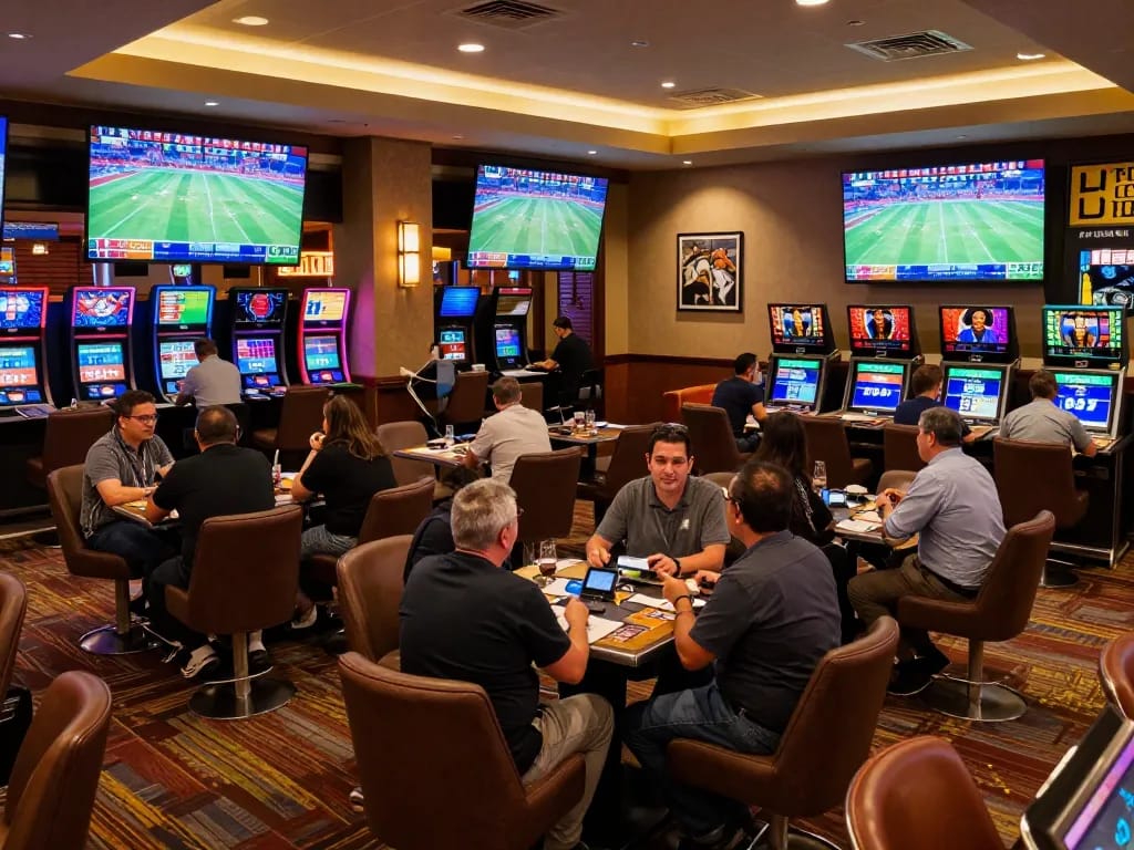 Excited bettors analyzing tỷ lệ kèo nhà cái 5 while watching live sports in a stylish casino sportsbook