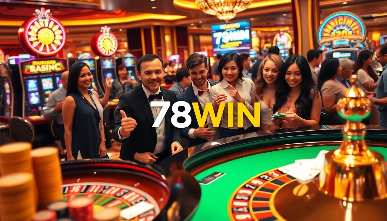 Exciting gaming scene at 78WIN casino with roulette, slot machines, and joyful players.
