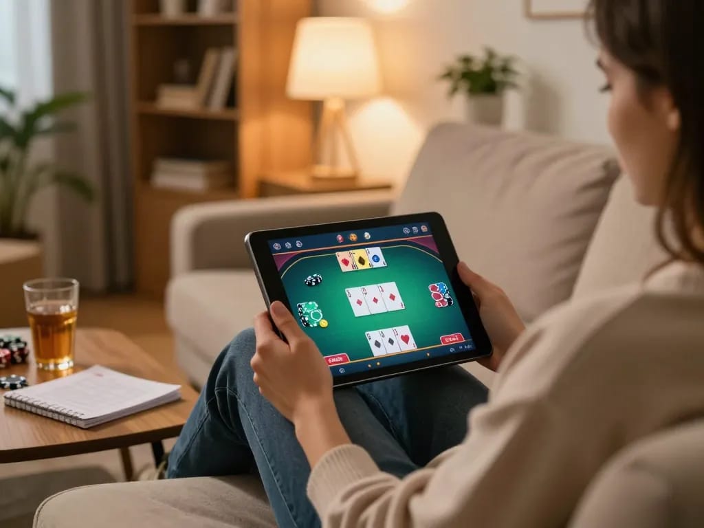 A player enjoys online poker on com, engaged in strategic gameplay in a cozy living room.