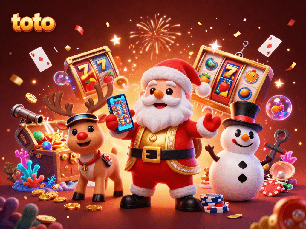 Spin to win with toto as Santa, a reindeer dealer, and a poker chip snowman celebrate in vibrant casino!