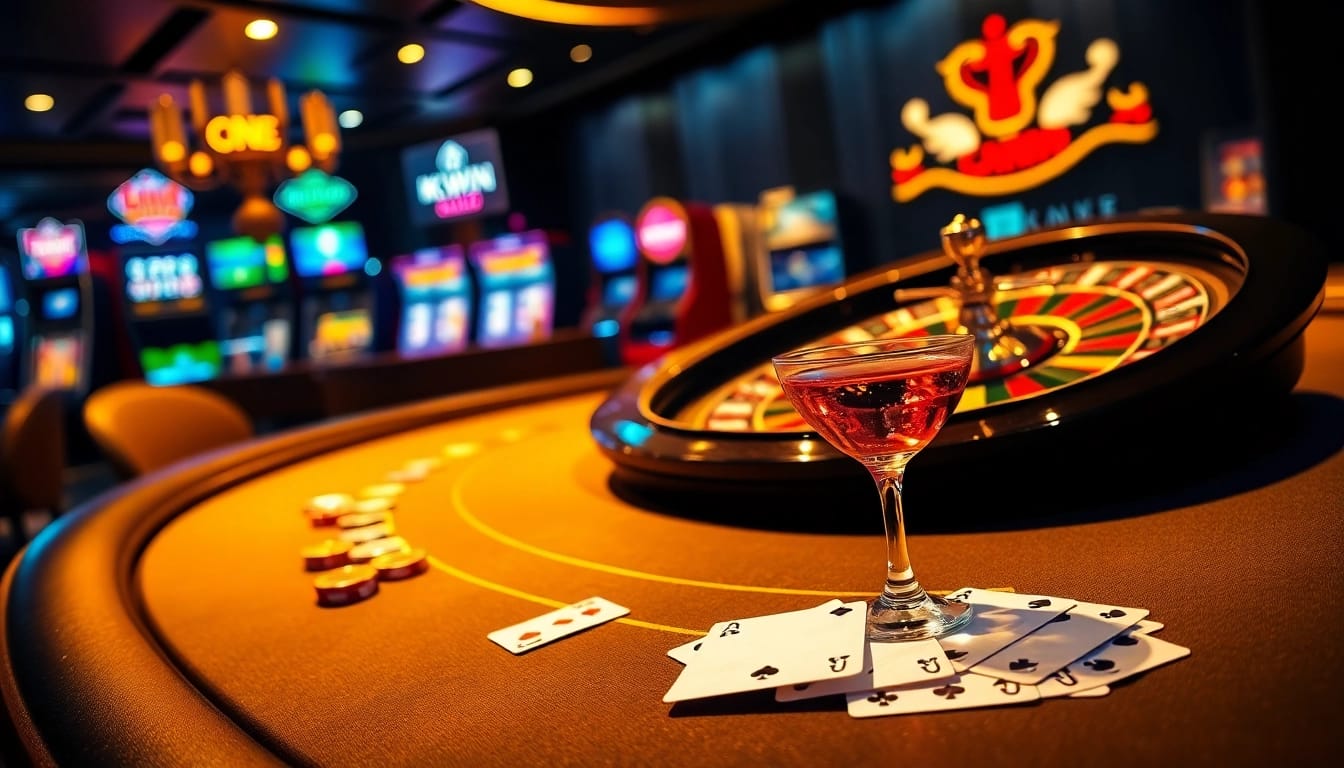 Exciting kkwin casino scene with roulette, blackjack, and vibrant slot machines.