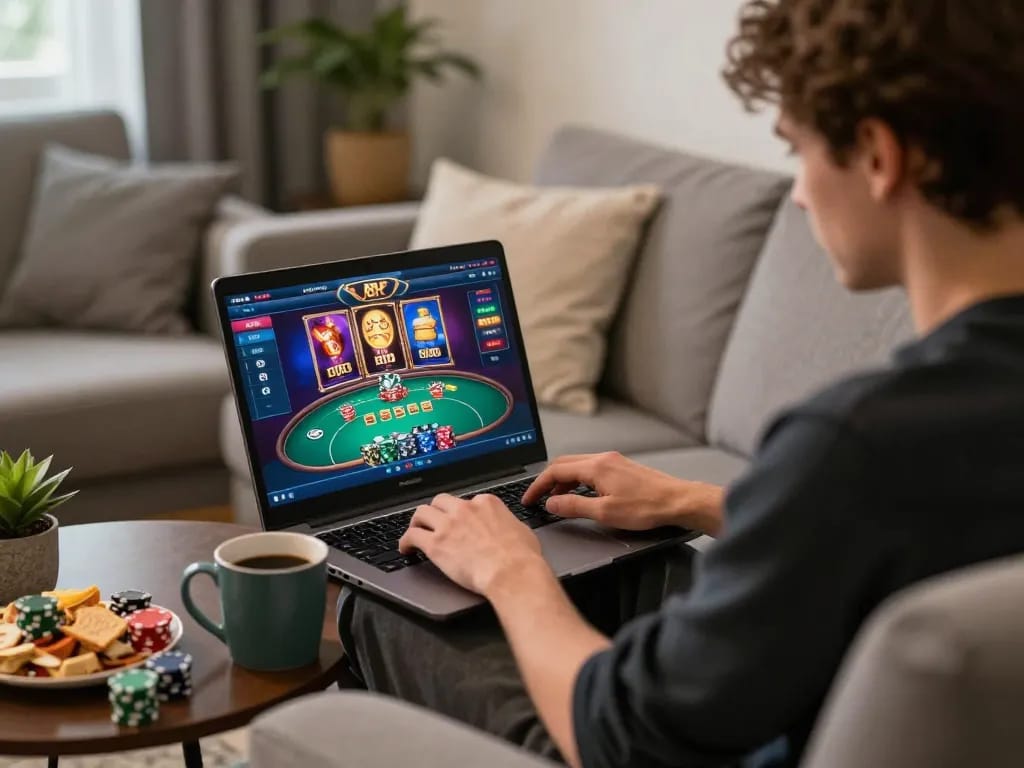 Player enjoying online gambling with MM88 on a laptop, showcasing an immersive home gaming experience.