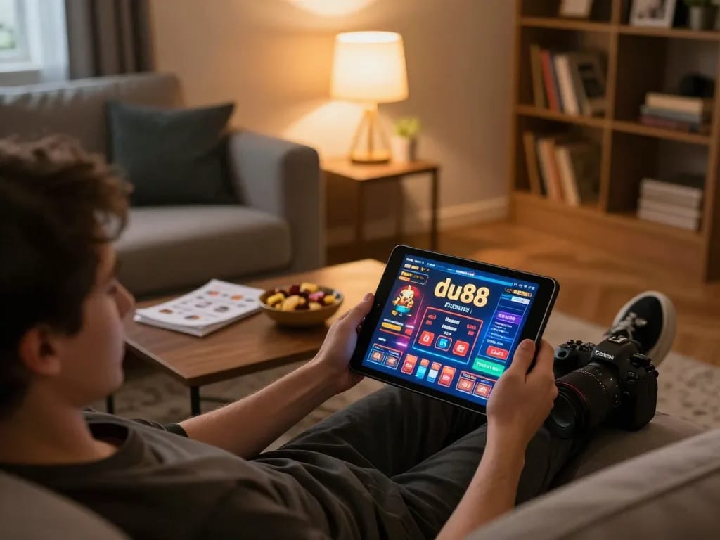 Engaging in strategic online gambling at du88 home setup with tablet and strategy notes