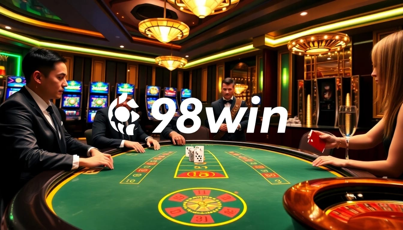 Intense poker game at a 98win casino table with elegant decor and sparkling details.
