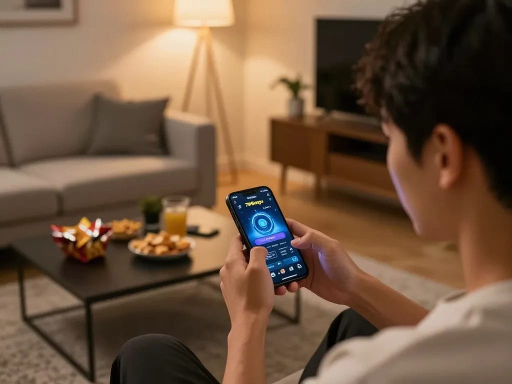 Player engaging with the 789betgo app on smartphone in a cozy home gaming setup.