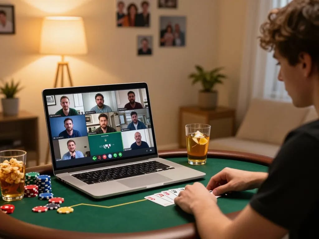 Join an intense online poker session at kong88, featuring players strategizing around a laptop filled with action.
