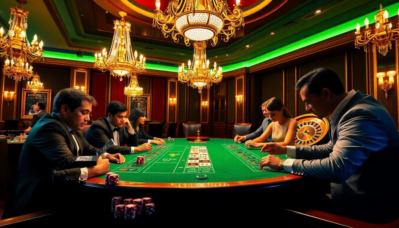 Engaging poker game scene at https://qq88pro.vip/ showcasing players, chips, and a roulette wheel.