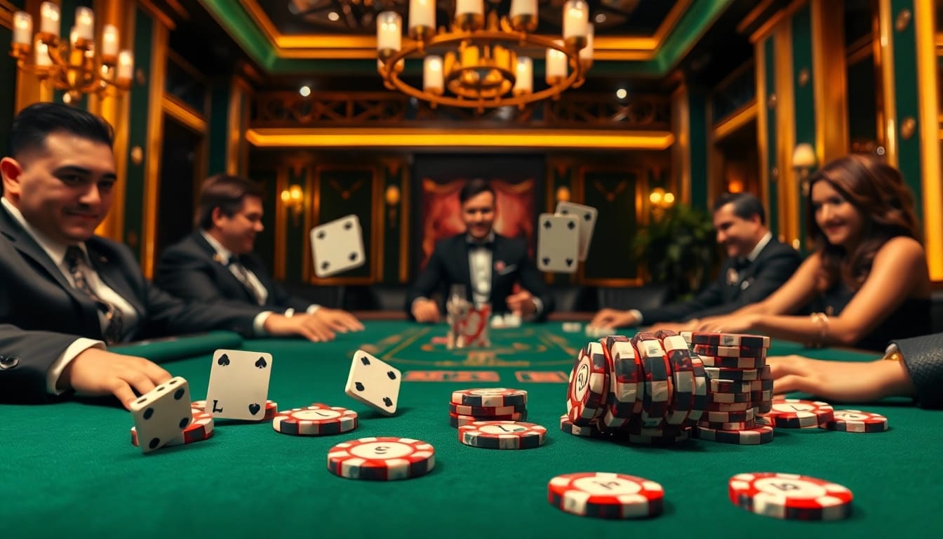 Join the excitement at ALo789 with players at a luxurious poker table in a vibrant casino.